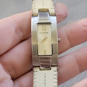 Vintage Watches Code Cream Leather Quartz Watch Rectangular Face Minimalist 90s